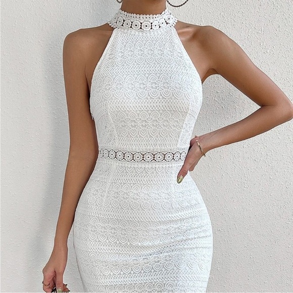 White Embellished Halter Mini Dress - Picture 3 of 3